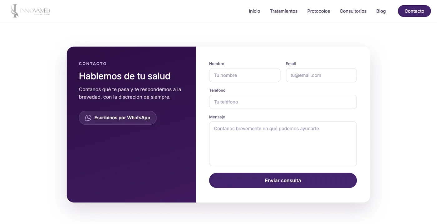 Innovamed — CONTACT — warm invitation panel beside a clean form